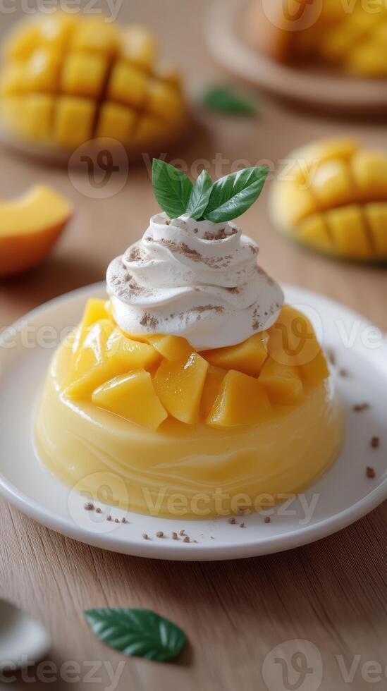 Mango dessert with whipped cream and fresh fruit served on a wooden table during afternoon tea photo