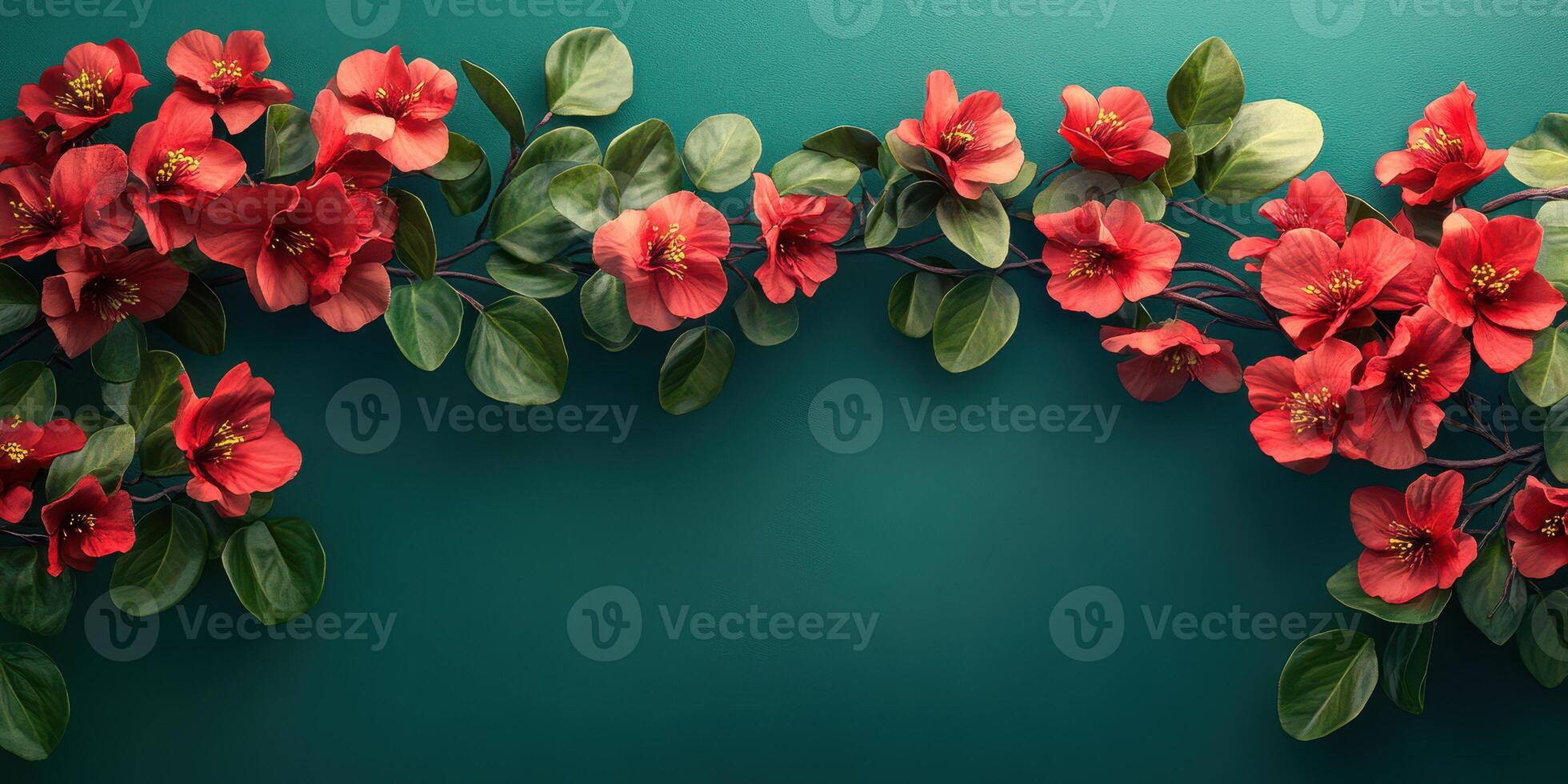 Vibrant red flowers intertwined with green leaves against a teal background creating a lively botanical display photo