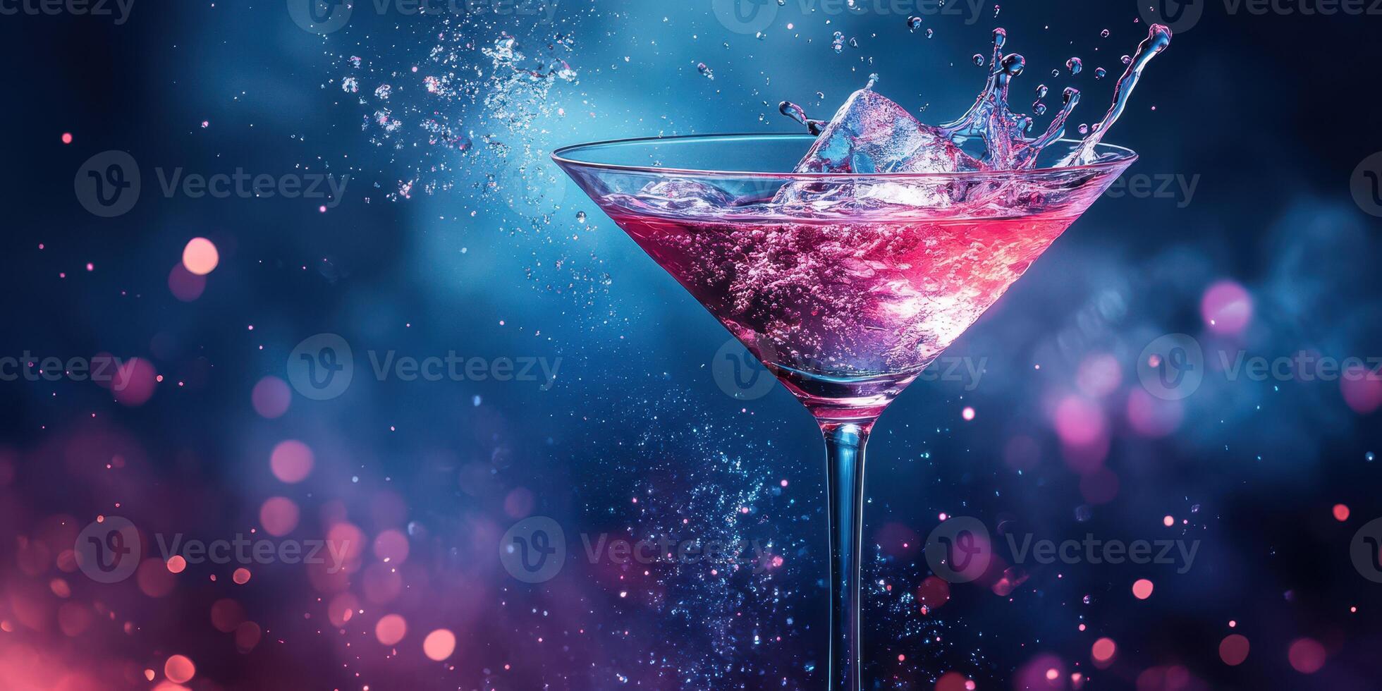 Colorful cocktail glass splashing in vibrant nightclub ambiance with dynamic lighting effects photo