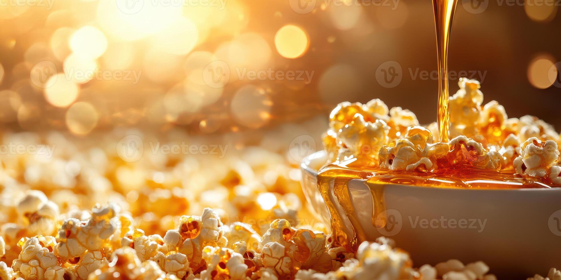 Popcorn drizzled with golden syrup surrounded by a warm, glowing background creating a cozy snack atmosphere photo