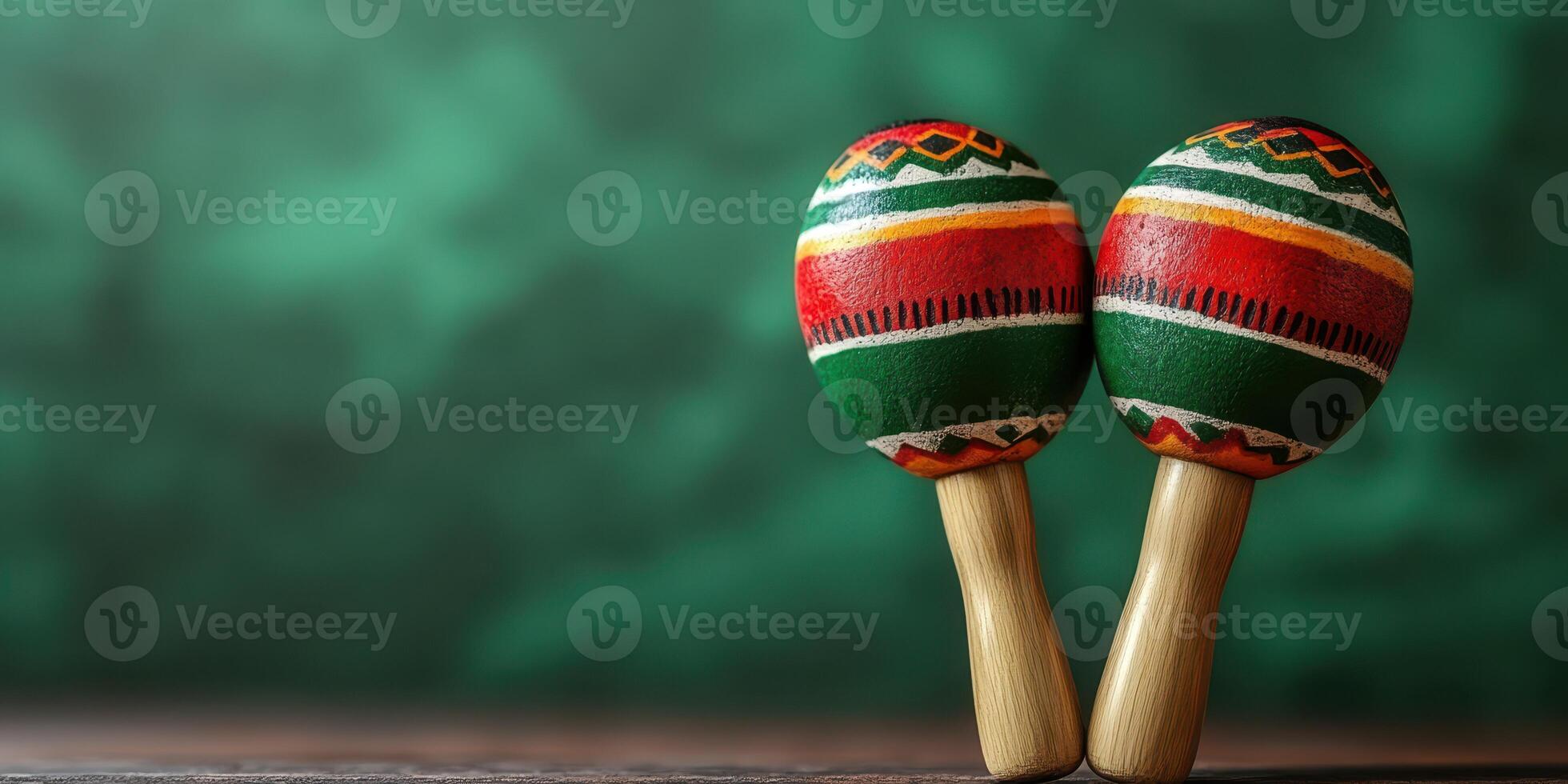 Colorful maracas stand on a wooden surface against a green backdrop, evoking a festive cultural atmosphere and lively music photo