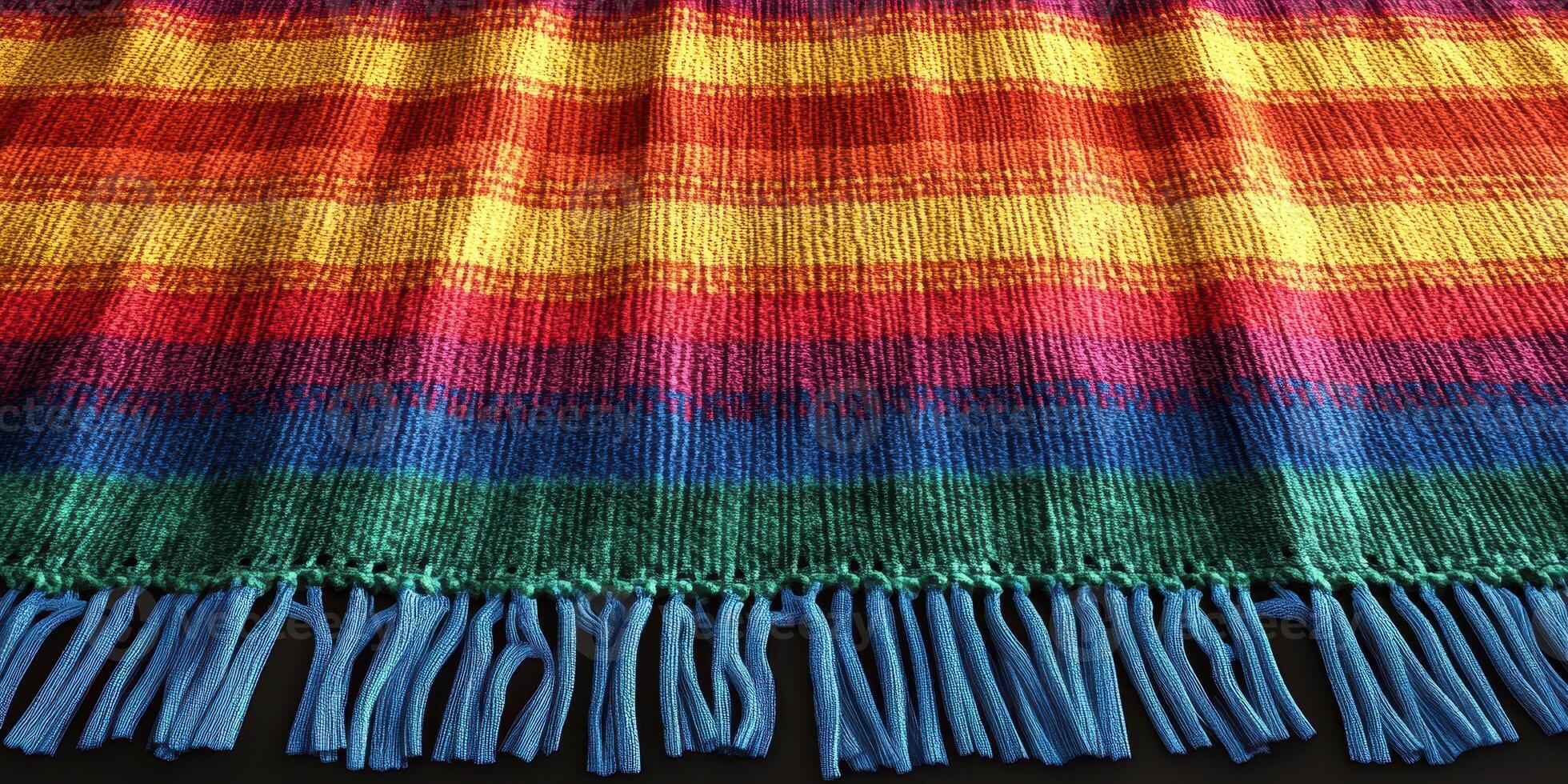 Colorful woven blanket displaying vibrant stripes and patterns on a dark background in a warm, cozy atmosphere photo