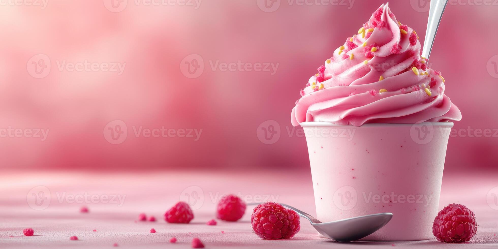 Tasty dessert with pink frosting served in cup garnished with raspberries and colorful sprinkles photo