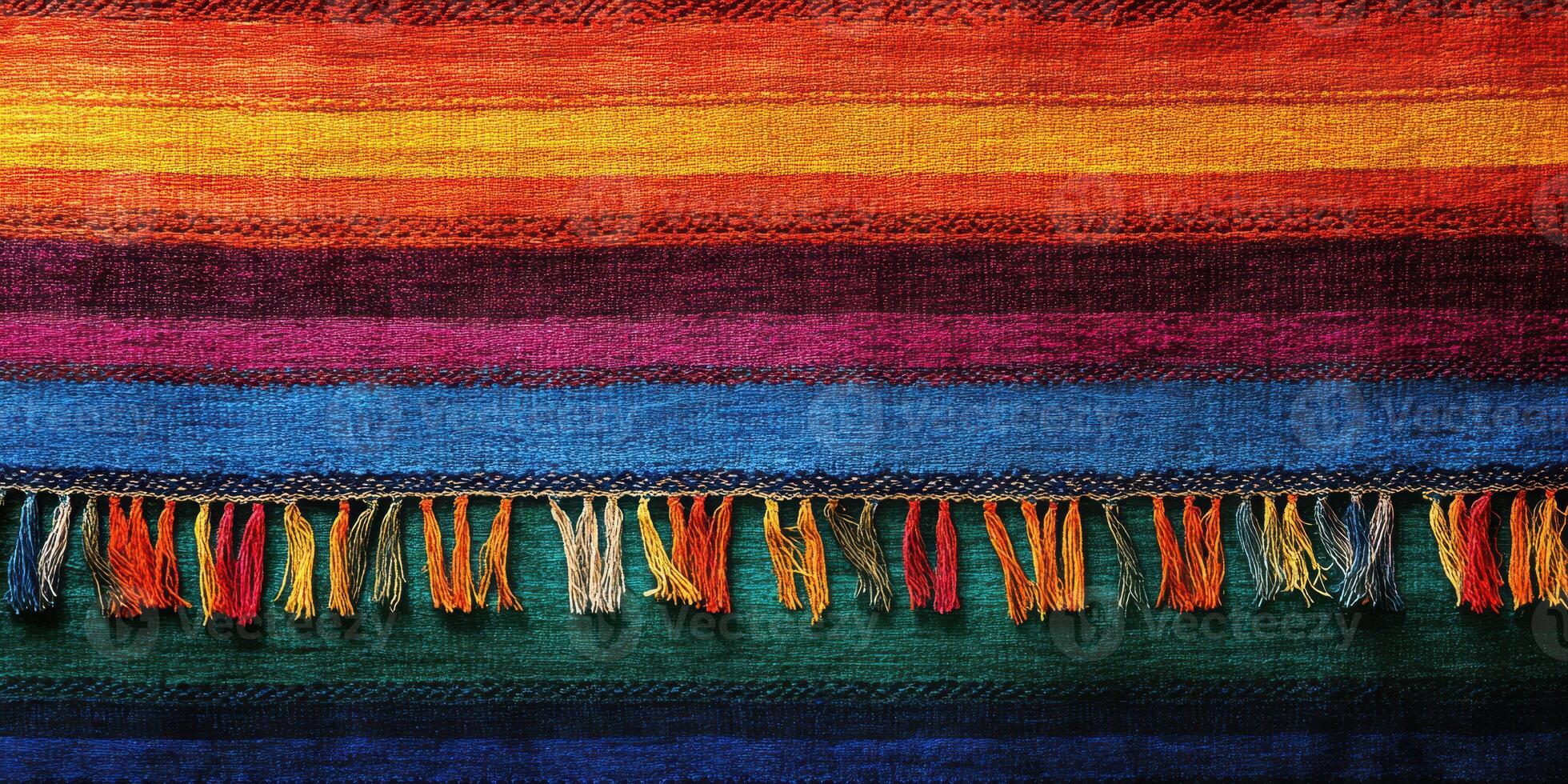 Colorful woven textile with vibrant patterns displaying rich hues and intricate fringe details in a close-up view of artistic craftsmanship photo
