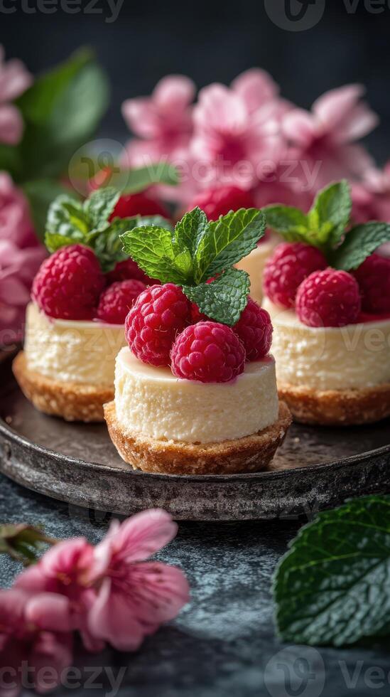 Delicious raspberry cheesecakes on a rustic plate surrounded by pink flowers and green leaves photo