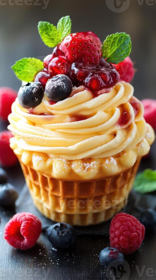 Delicious dessert with creamy frosting and mixed berries on top in a stylish setting photo