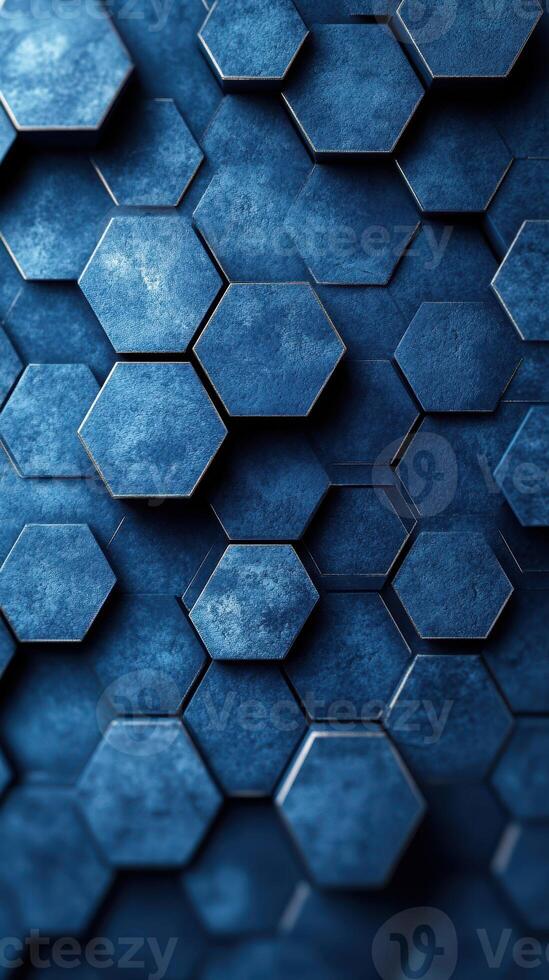Textured blue hexagonal tiles arranged in a creative pattern on a surface photo