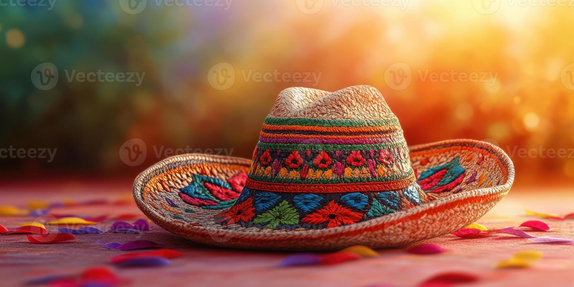 Colorful sombrero placed on a vibrant table surrounded by petals and warm sunlight during a festive celebration photo
