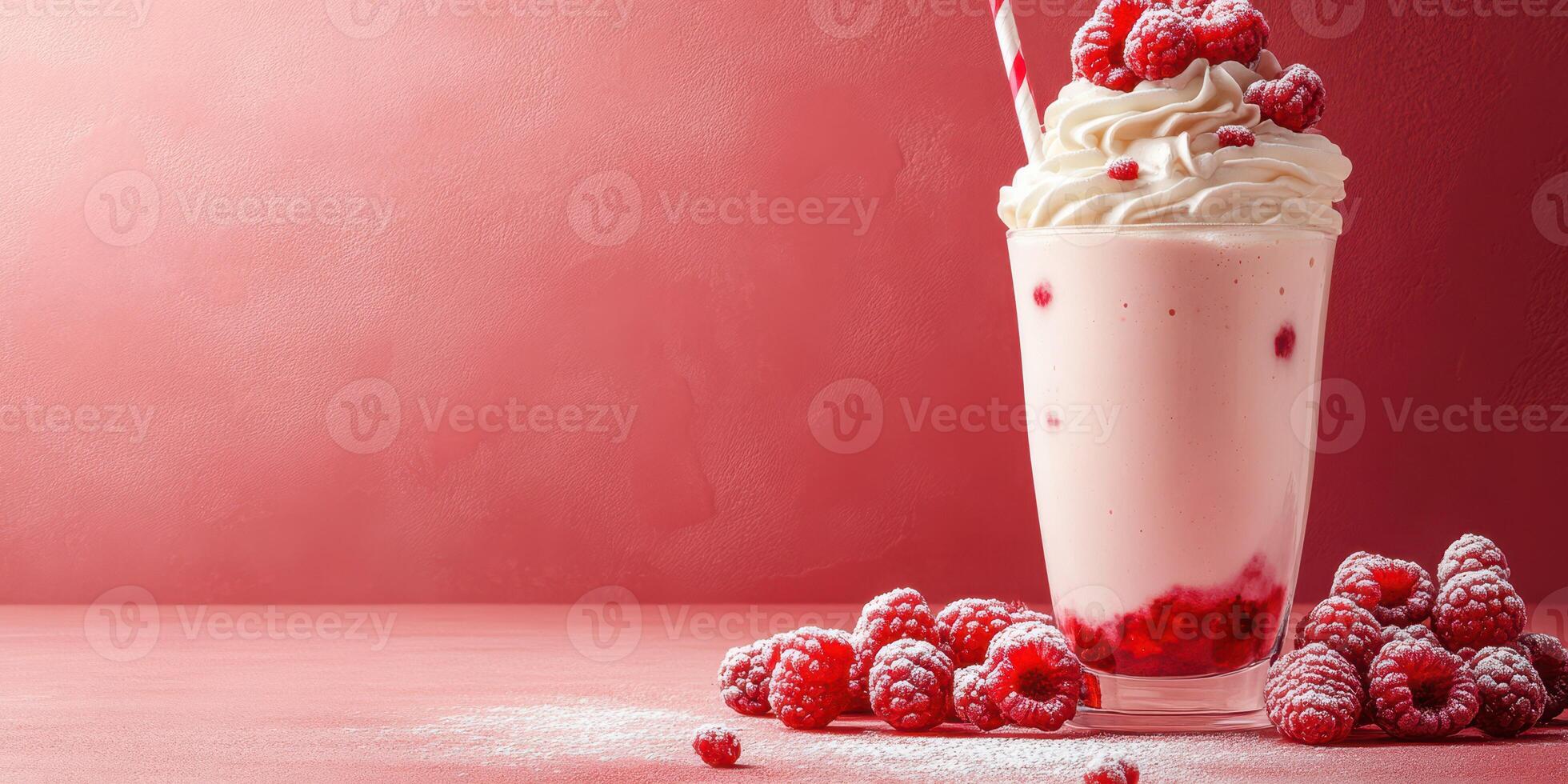 Delicious raspberry shake topped with whipped cream and fresh berries on a pastel pink background photo