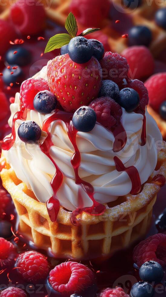 Delicious dessert featuring whipped cream, berries, and syrup drizzled over a waffle cup served in a vibrant setting photo