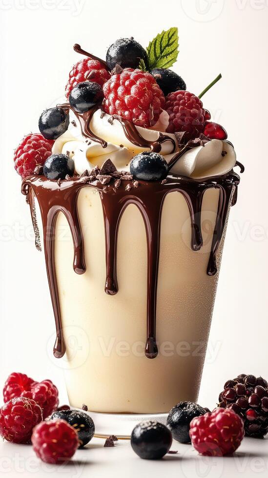 Delicious dessert with chocolate sauce, whipped cream, and mixed berries presented in a glass cup photo