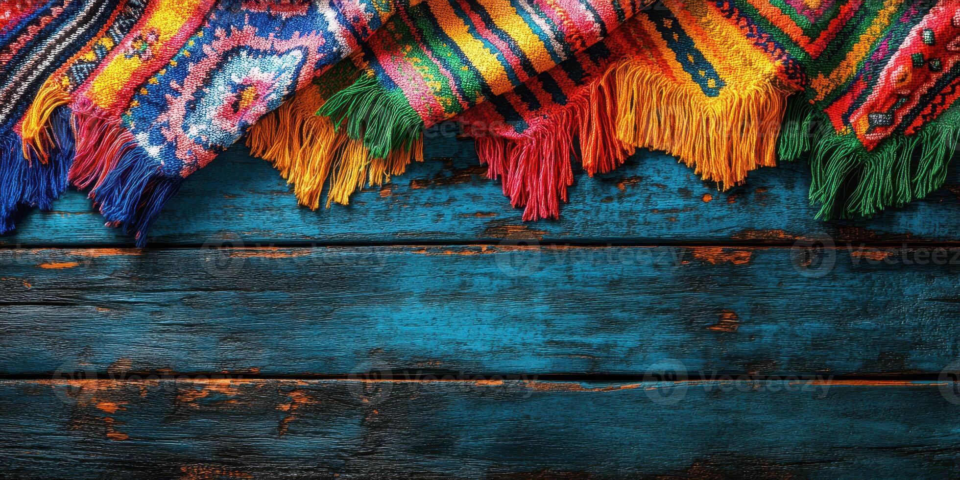 Colorful woven textile draped over rustic blue wooden surface with intricate patterns and vibrant fringe details photo