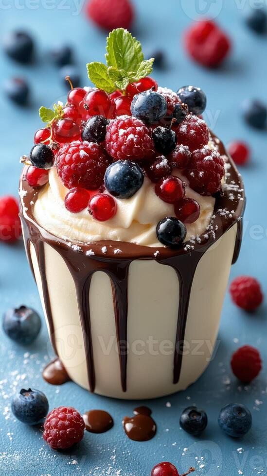 Delicious dessert cup filled with whipped cream and topped with fresh berries in a colorful display photo