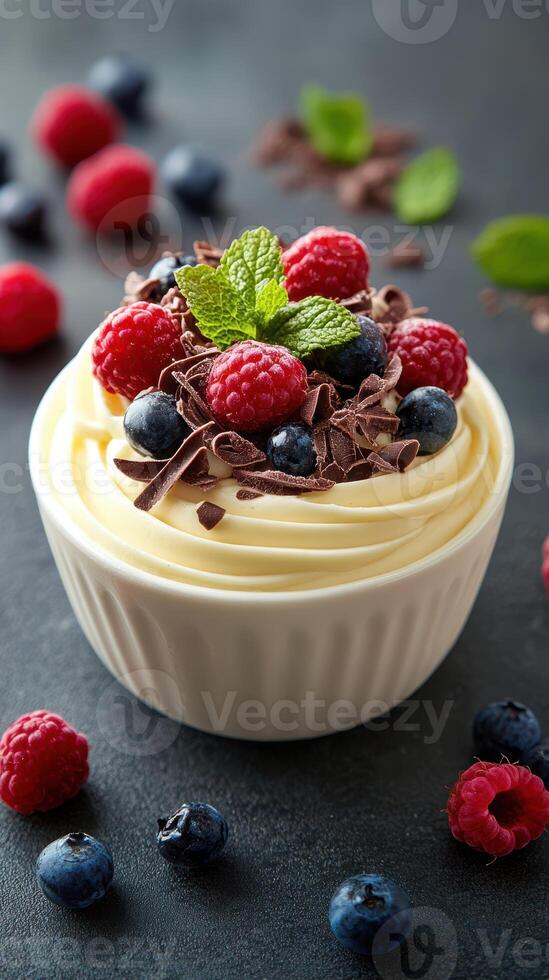 Delicious dessert with whipped cream topped with fresh berries and chocolate shavings in an elegant bowl photo
