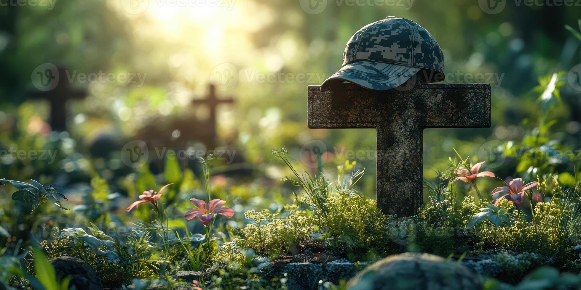 Military hat resting on a gravestone surrounded by flowers in a serene memorial setting at dusk photo