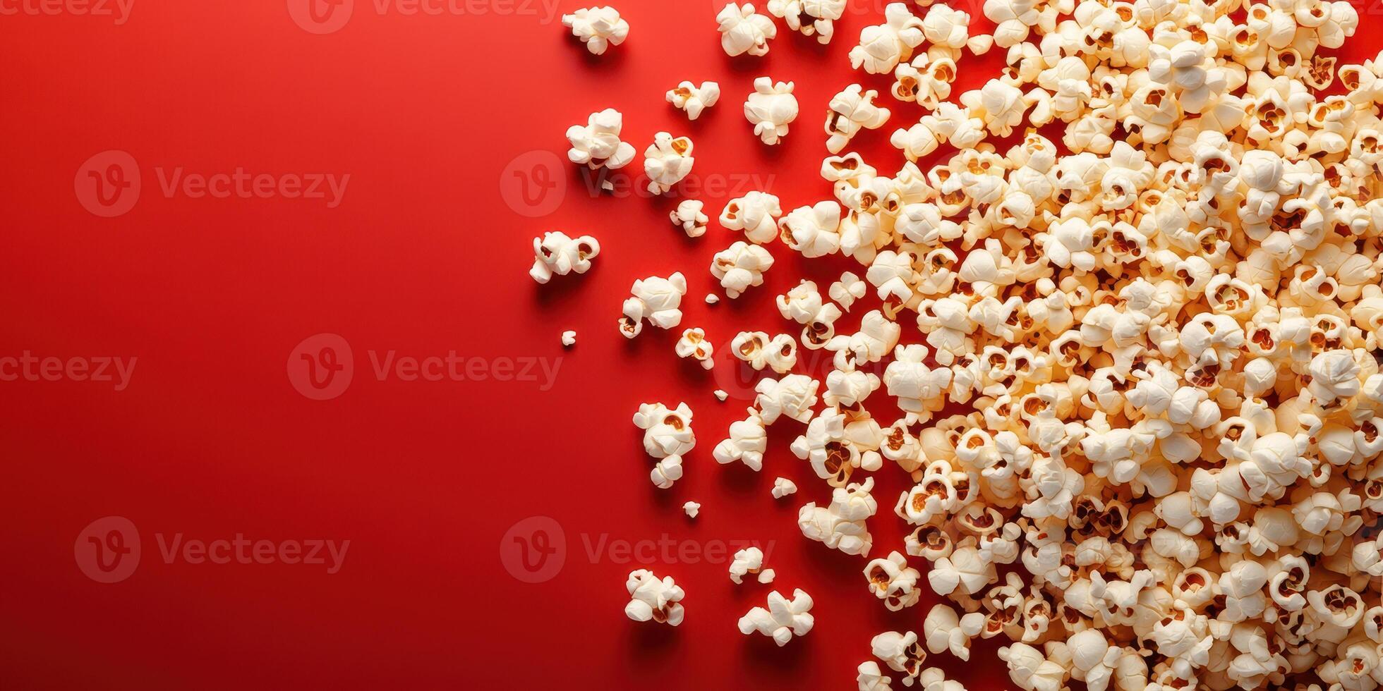 Popcorn scattered on a vibrant red surface evokes a playful atmosphere for movie night gatherings photo