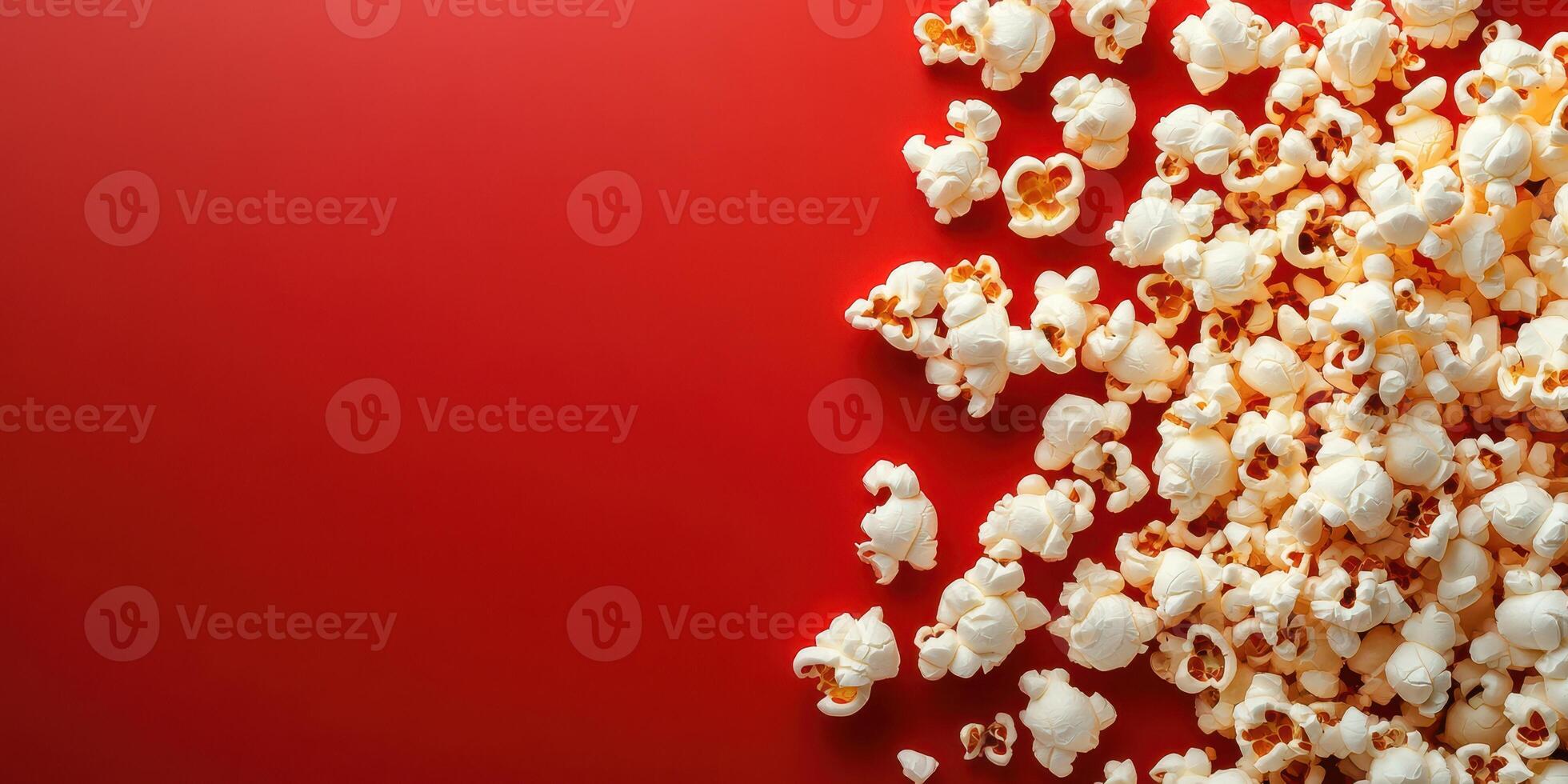 Popcorn scattered on a vibrant red background creates a playful and inviting snack display photo