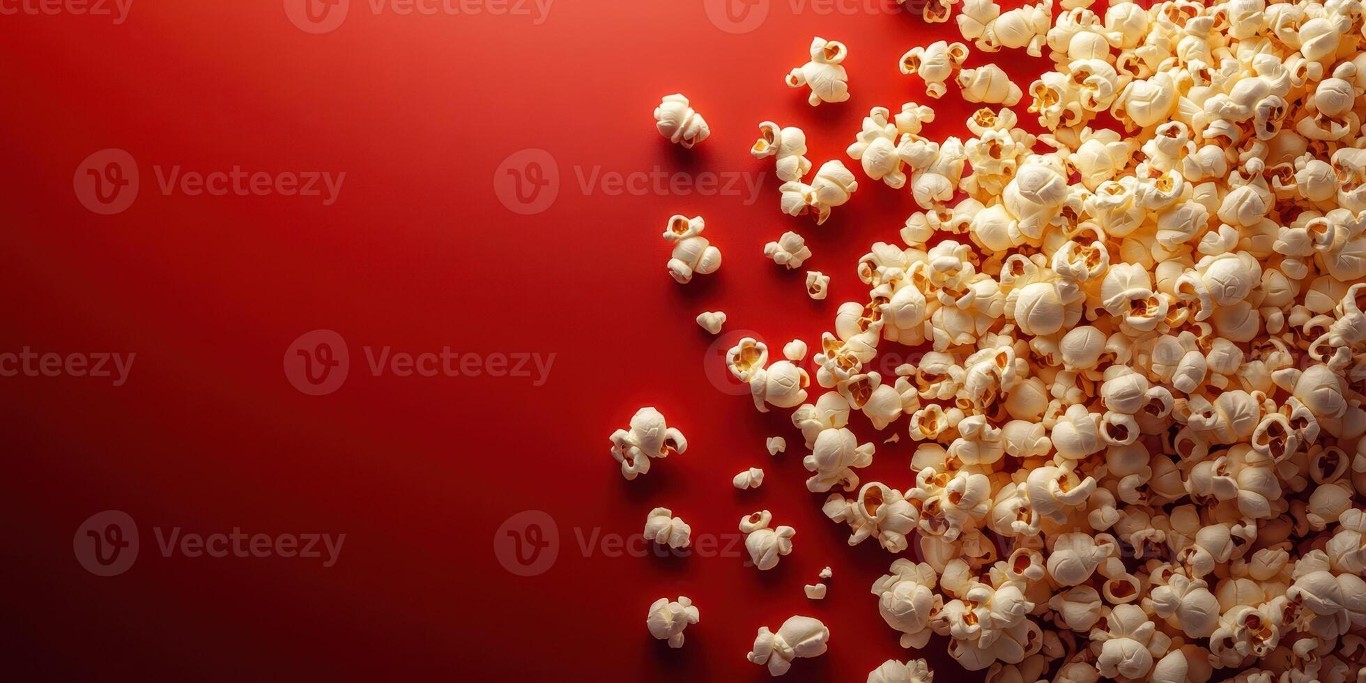 Popcorn scattered on a vibrant red background creates a tempting snack display perfect for movie night photo