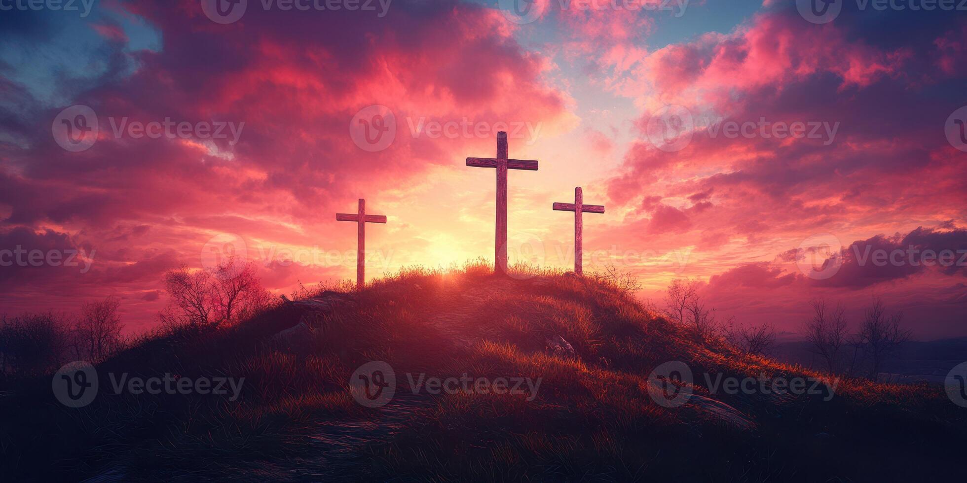 Sunset over three crosses on a hilltop surrounded by vivid clouds and soft light photo