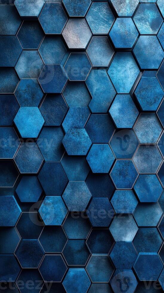 Intricate blue hexagonal tiles create a stunning geometric pattern on a textured surface in modern interior design photo