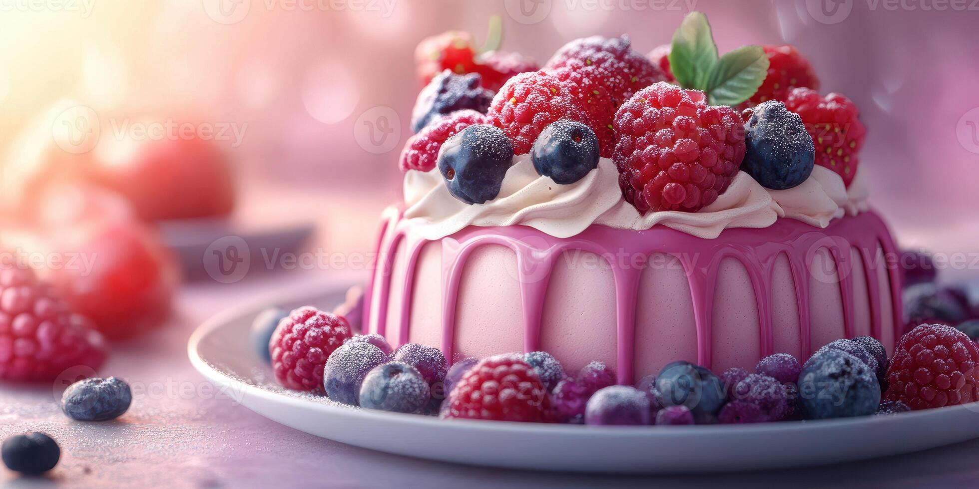 Raspberry and blueberry cake adorned with fresh fruits on a pastel background in soft lighting photo