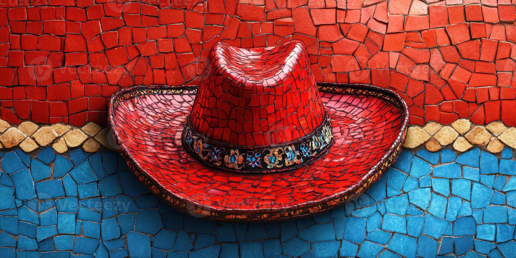 Bright red mosaic sombrero adorns vibrant blue and red tiled background creating a festive atmosphere photo