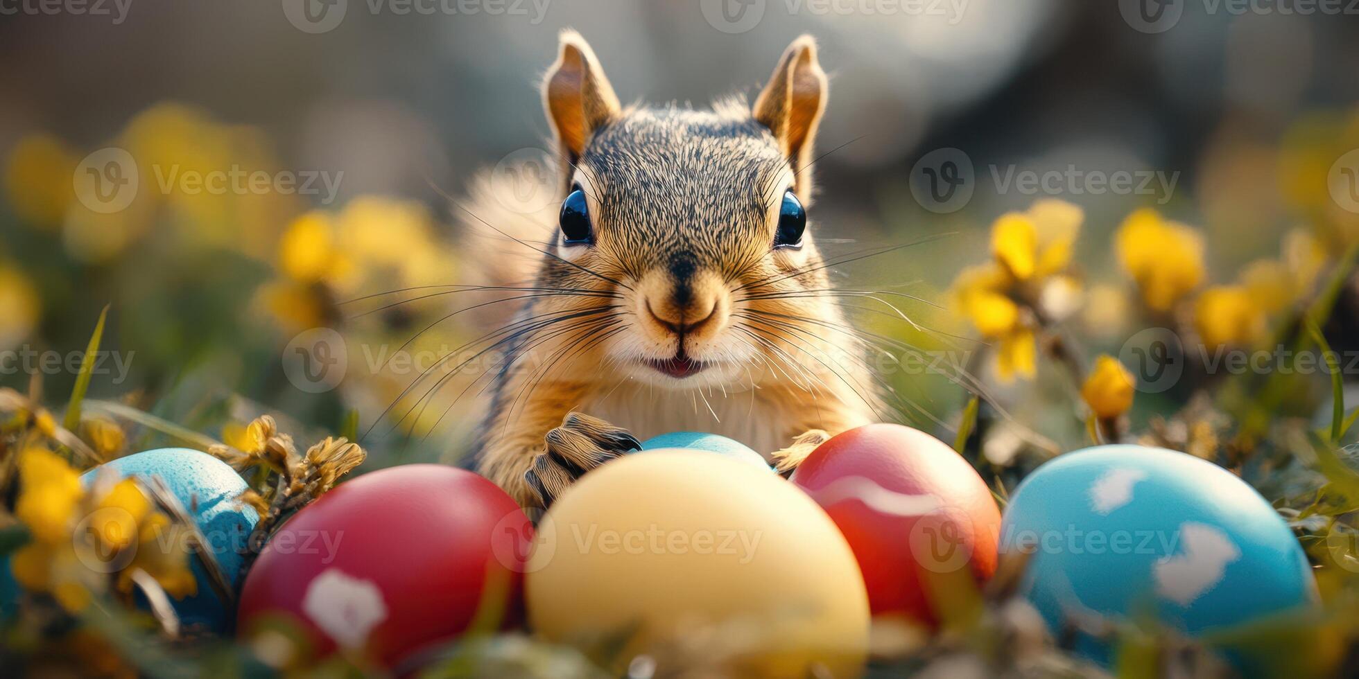 Squirrel curiously examines colorful Easter eggs in a spring meadow surrounded by blooming flowers photo