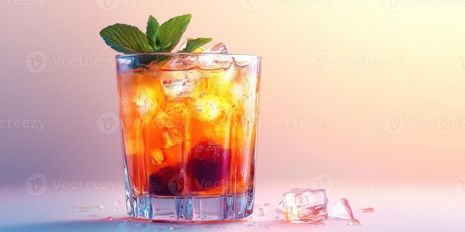 Refreshing cocktail with raspberries and mint served over ice at sunset photo
