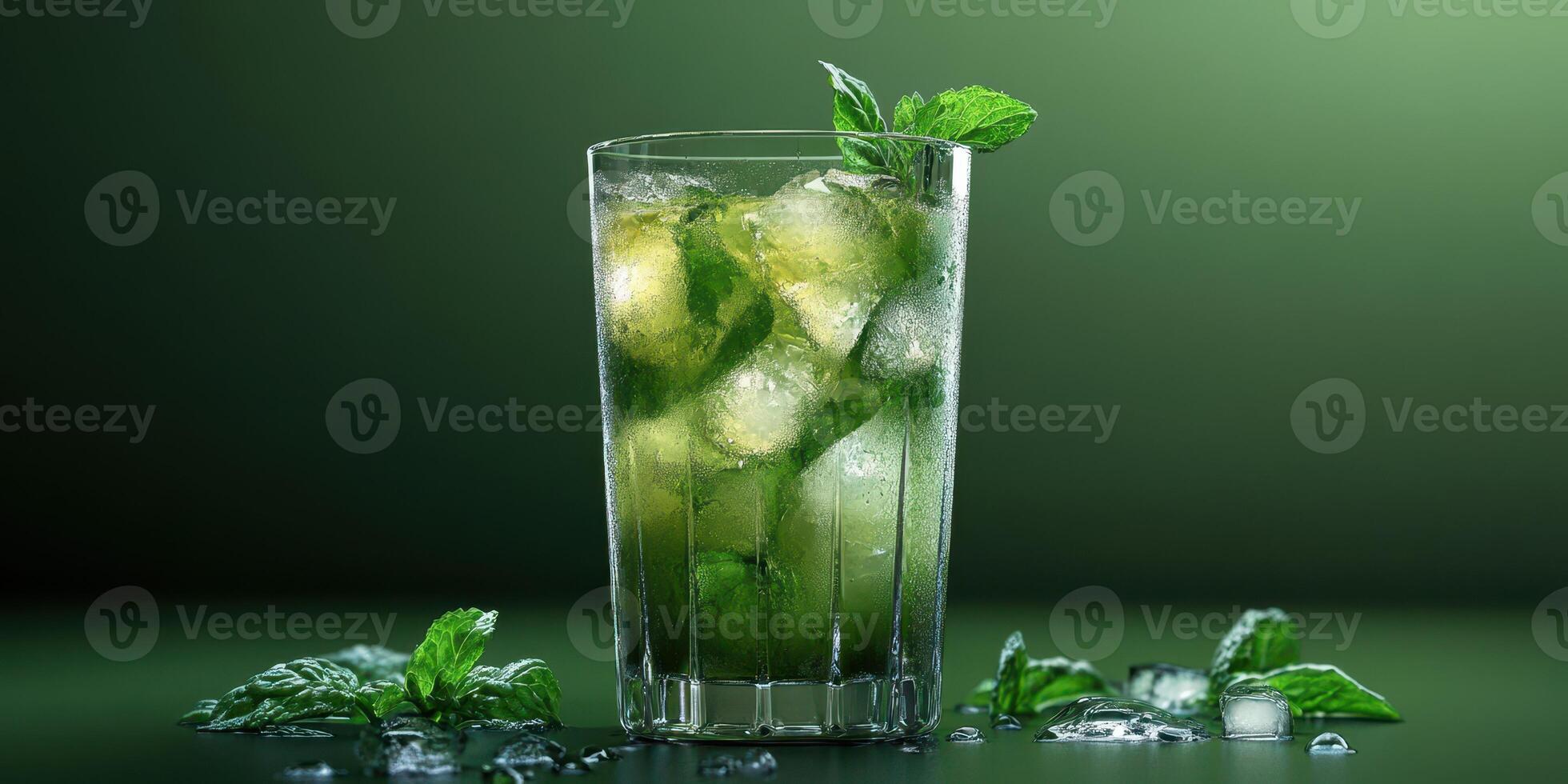 Refreshing mint mojito with ice served in a tall glass on a green background in a bright setting photo