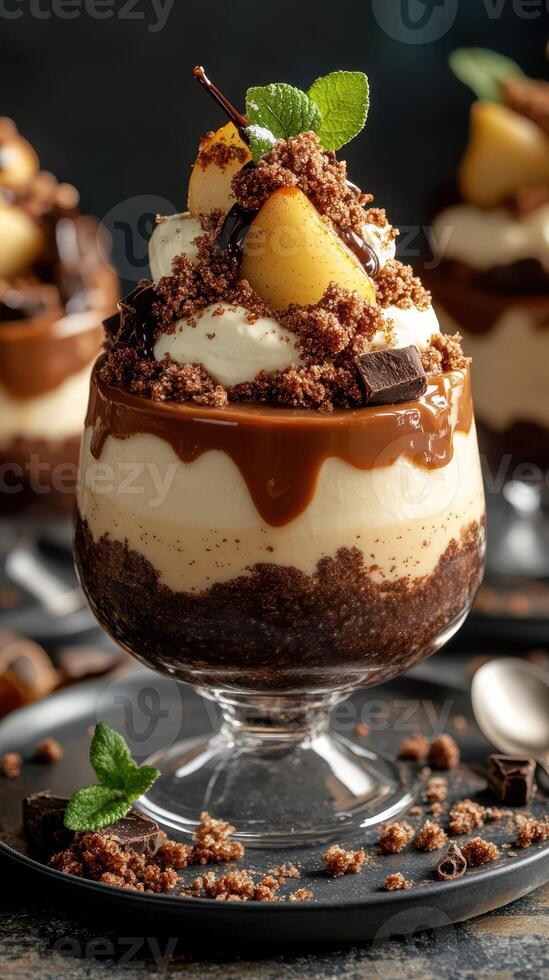 Delicious layered dessert featuring chocolate, cream, and fruit in a clear glass bowl photo