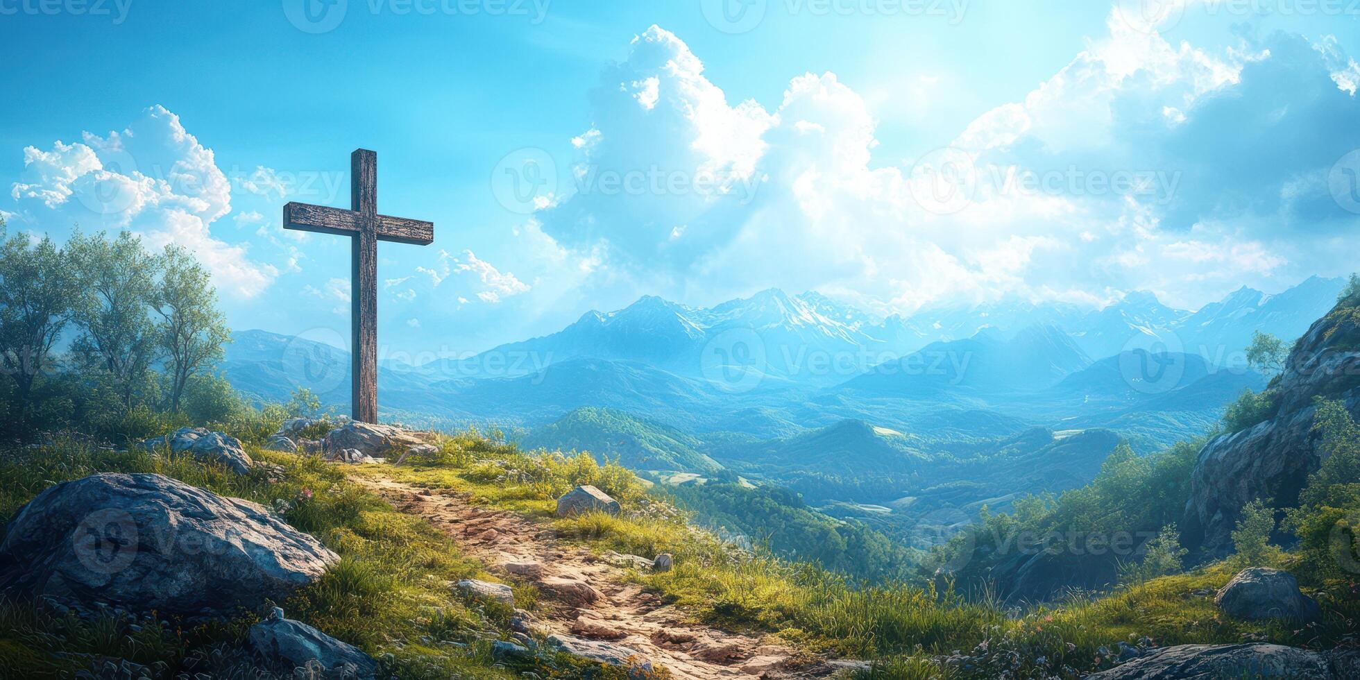 Mountain landscape featuring a wooden cross under blue skies with clouds during daytime photo