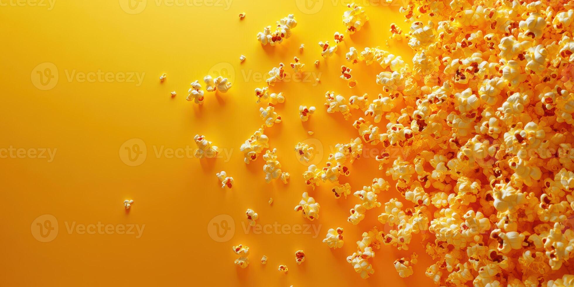 Colorful popcorn spread across a bright yellow surface perfect for party snacks or movie nights photo