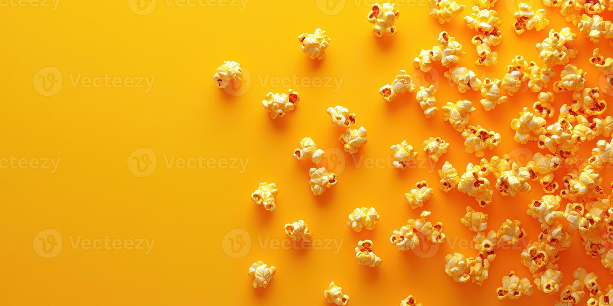 Colorful popcorn scattered against a bright yellow background for a vibrant visual appeal and a fun snack moment photo