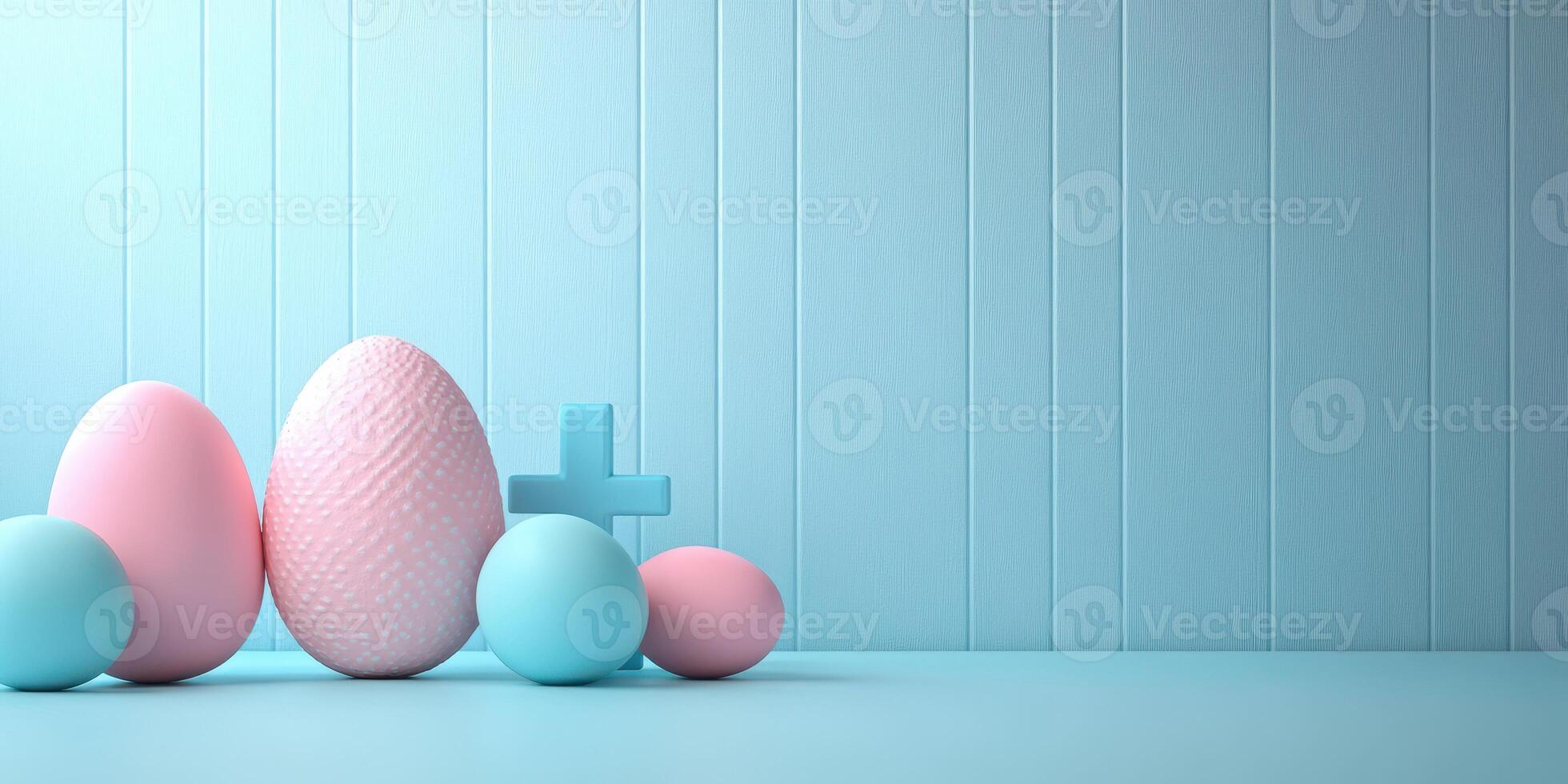 Colorful pastel eggs arranged creatively on a serene blue surface in a decorative setting for a festive occasion photo