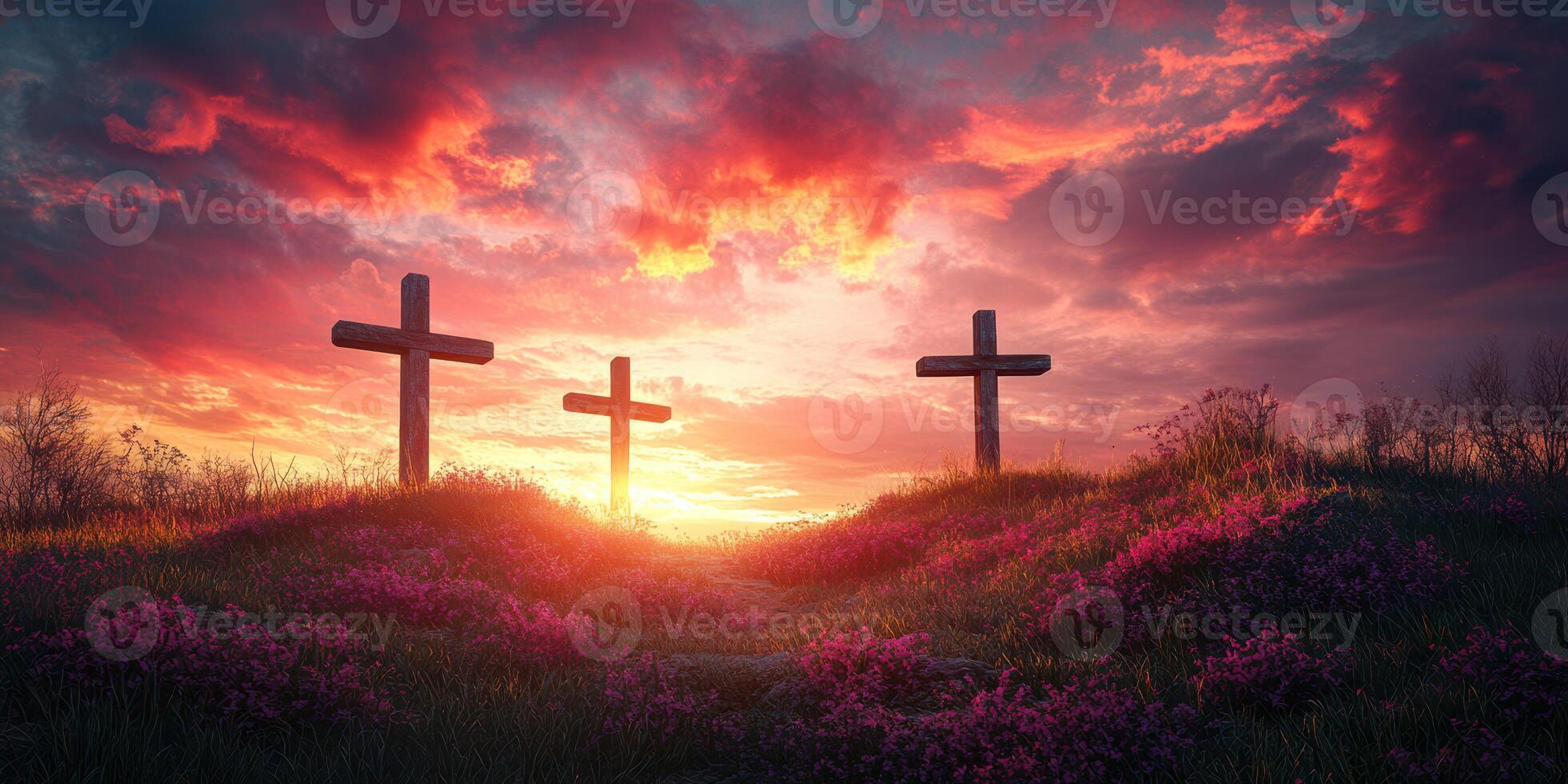 Three wooden crosses stand against a vibrant sunset sky filled with clouds over a flower-covered hillside photo