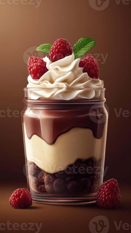 Delicious layered dessert in a jar with chocolate, cream, and fresh raspberries displayed on a brown background photo