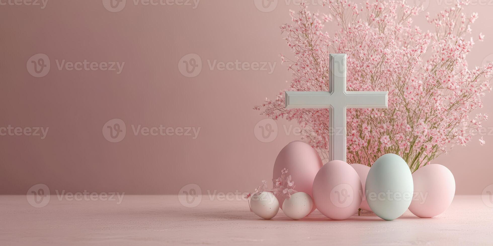 Decorated pastel eggs and a white cross with spring flowers in a soft pink setting for Easter celebration photo
