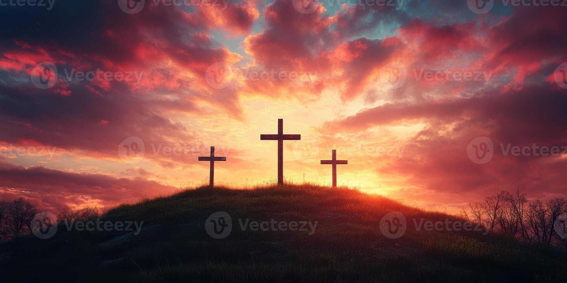 Sunset over three crosses on a hilltop with vibrant clouds creating a serene atmosphere photo