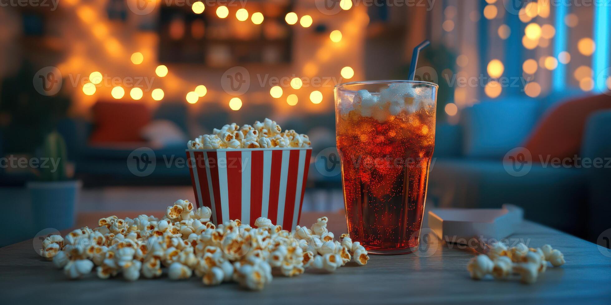 Enjoying a cozy movie night with popcorn and a refreshing drink in a warm, inviting living room filled with lights photo