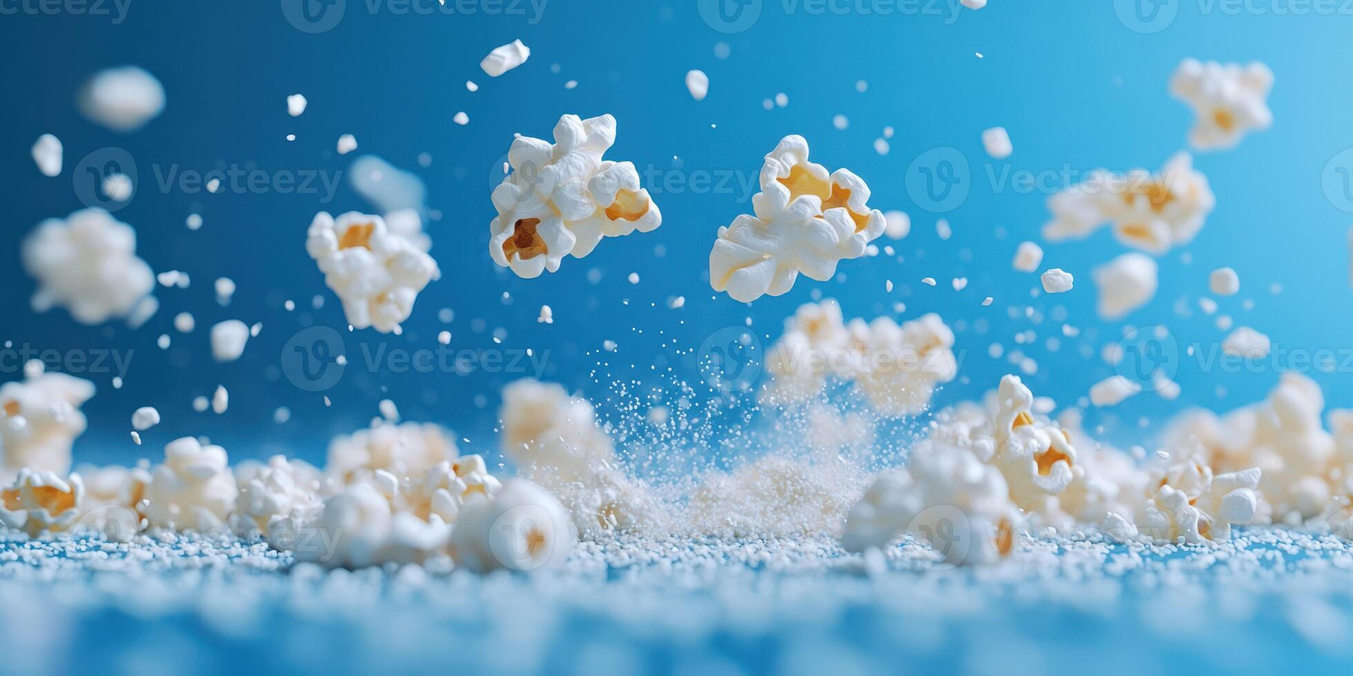 Popcorn bursts into the air in a playful display against a blue background during a lively movie night photo