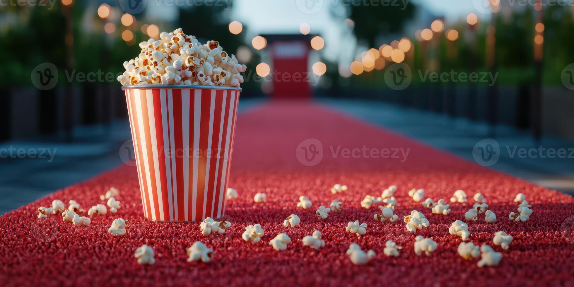 Popcorn sits in a striped bucket on a red carpet surrounded by lights at an outdoor event in the evening photo