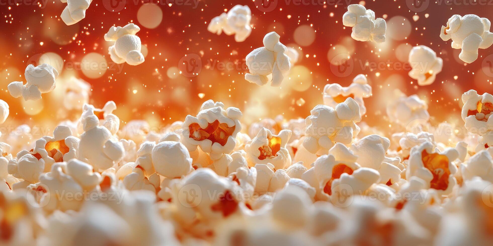Popcorn popping in a dynamic display of texture and movement with an appealing orange background photo