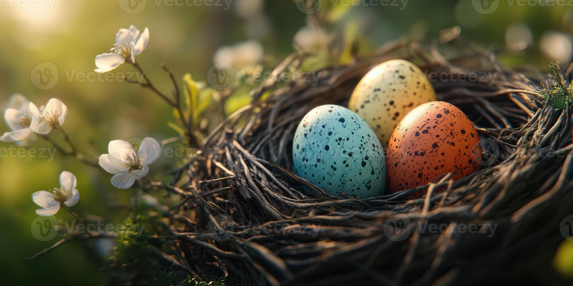 Colorful speckled eggs nestled in a bird's nest surrounded by blooming flowers in a serene natural setting photo