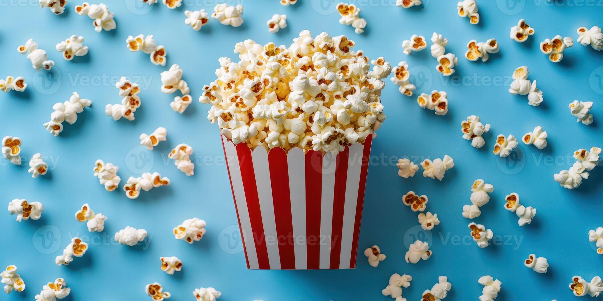 Brightly colored popcorn box surrounded by scattered popcorn on a blue background during a fun movie night photo