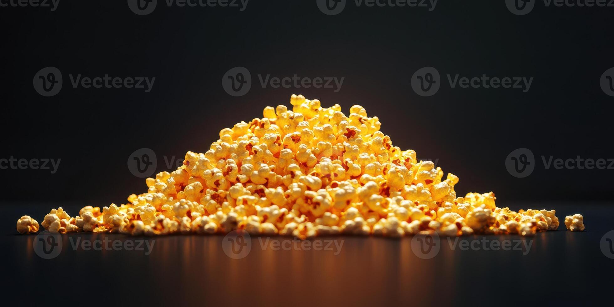 Pile of freshly popped popcorn illuminated against a dark background creating a warm and inviting ambiance photo