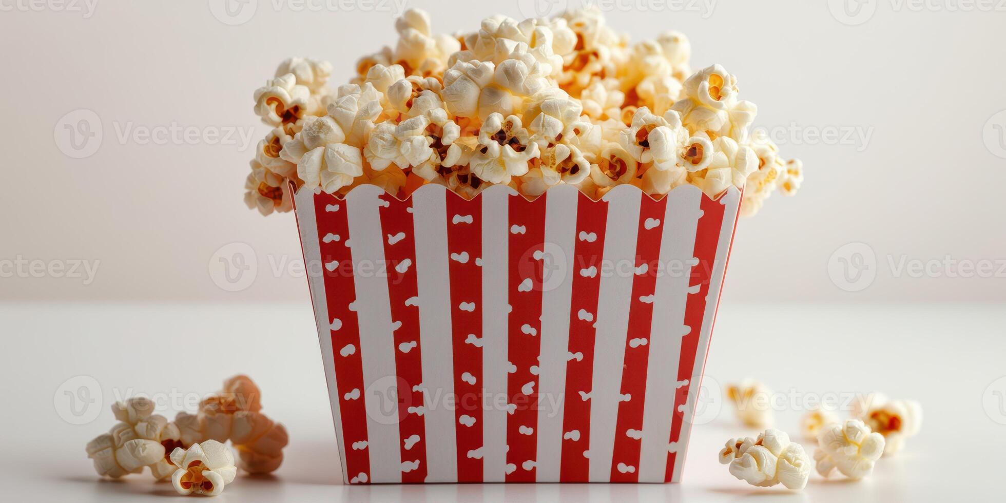 Freshly popped popcorn in a red and white striped container ready for a movie night at home photo