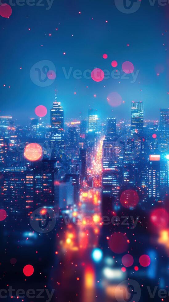 City skyline illuminated at night with vibrant lights and bokeh effects during a clear evening photo