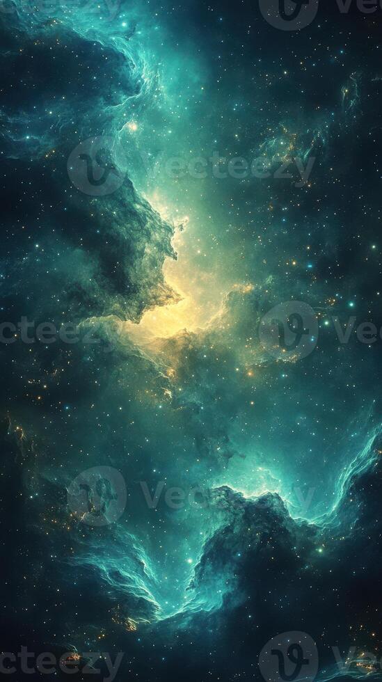 Vibrant cosmic nebula shines among distant stars in a rich color palette of blues and golds photo