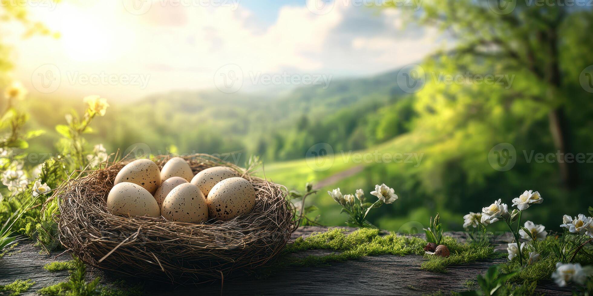 Nest of speckled eggs in a tranquil meadow during the golden hour with soft sunlight filtering through trees photo