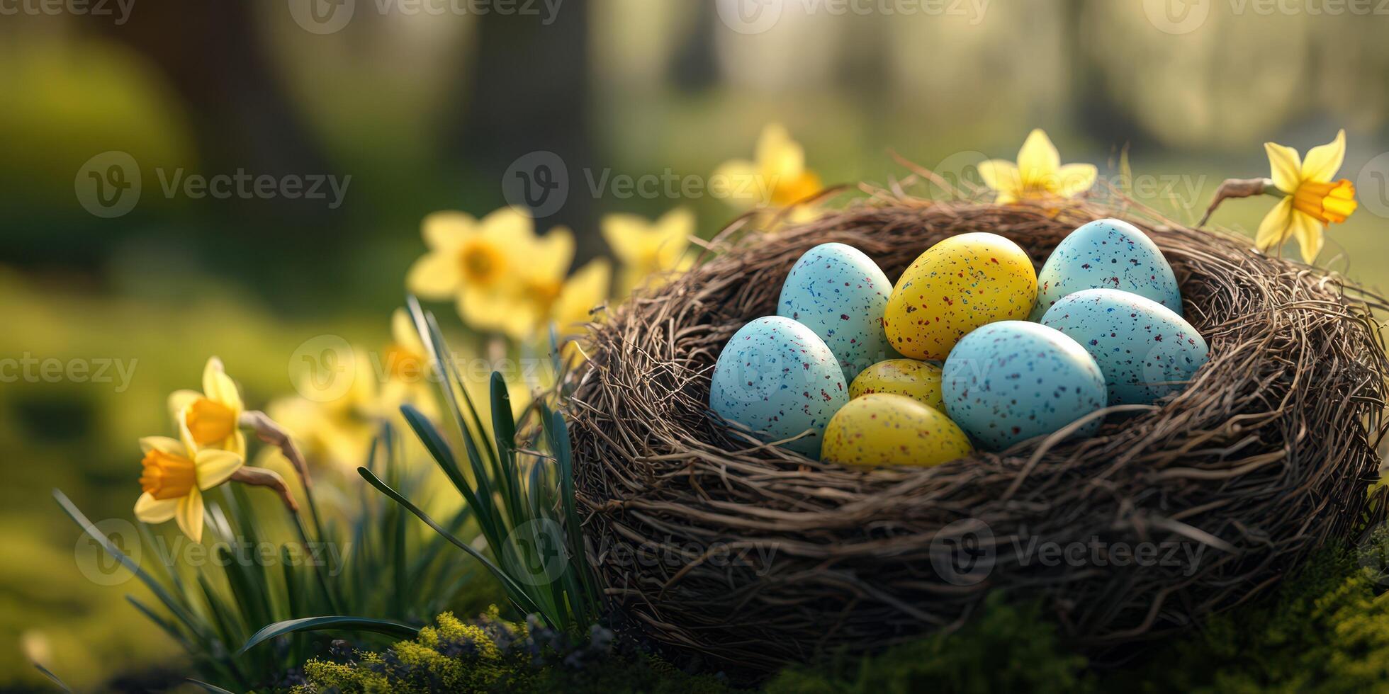 Colorful eggs rest in a nest among blooming daffodils in a serene spring setting photo